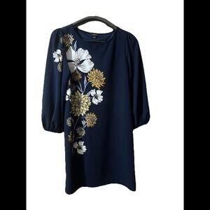 Ann Taylor Blue Floral Belted‎ Shift Knee-length Dress Size M